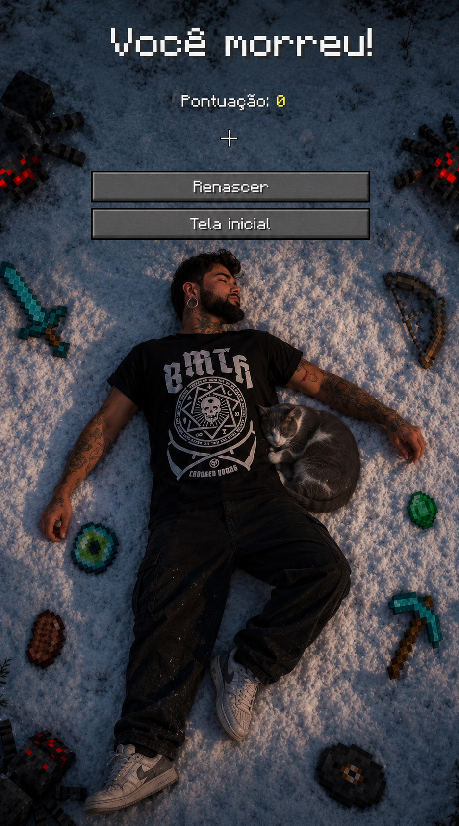 Influenciador do Emo Véio Shop deitado na neve — cena Você morreu